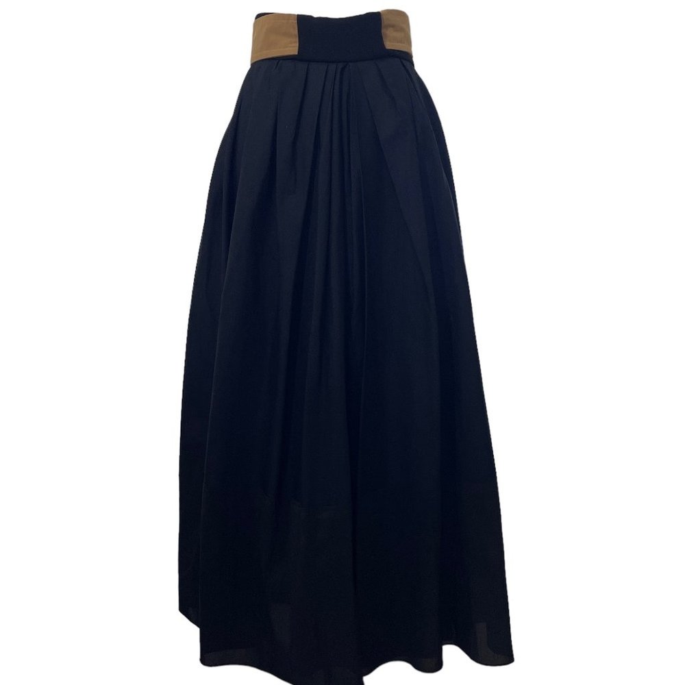 BALENCIAGA Black A-Line Draped Midi Skirt w/ Pockets + Camel Belt/Sash